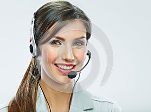 Customer support operator close up portrait. call