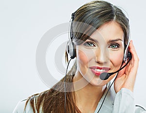 Customer support operator close up portrait. call center smili