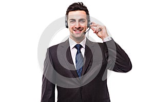 Customer support operator with a headset on white