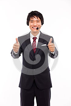 Customer support operator man smiling.