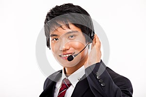 Customer support operator man smiling.