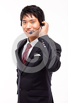 Customer support operator man smiling.