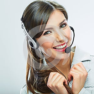 Customer support operator. Woman face. Call center smiling opera