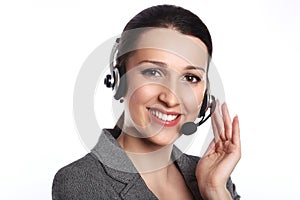 Customer support operator. Woman face.Call center smiling operator with phone headset on white background.Attractive young people