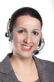 Customer support operator. Woman face.Call center smiling operator with phone headset on white background.Attractive young people