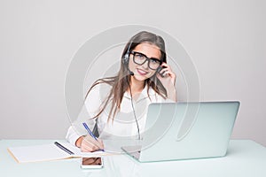 Customer support operator working in call center office