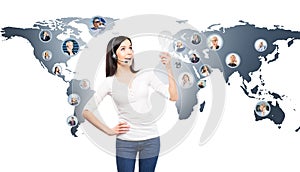 Customer support operator working in a call center office. Global business concept. World map with a businesspeople talking to ph