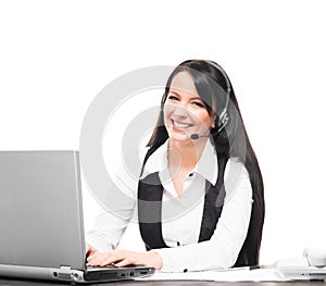 A customer support operator working in a office on white