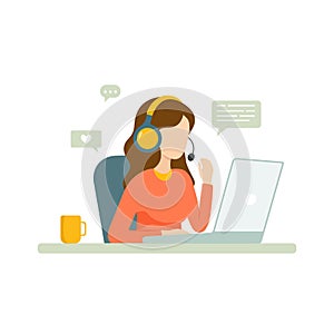 Customer support operator young woman with headset sitting at the desk in front of laptop talking messaging with client.