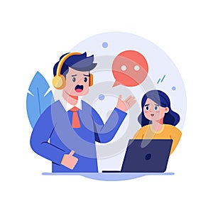 Customer Support Representative Assisting Client with Laptop in Flat Vector Style Illustration