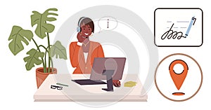 Customer Support Representative Assisting Clients in Office with Headset and Computer