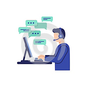Customer support representative typing on keyboard with headset and chat bubbles vector illustration