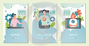 Customer support service, call center client assistance concept, online help people vector illustration