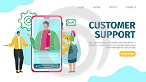 Customer support service, online help by communication technology vector illustration. Client center chat in smartphone