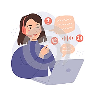 Customer support service vector illustration with young brunette woman in headset. Hotline concept. Workplace with laptop and