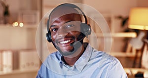 Customer support, smile and face of black man at night working for consulting, help and service. Business, call center