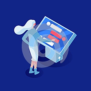 Customer support vector isometric illustration. Artificial intelligence. Young girl standing in front of interactive