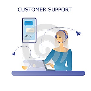 Customer support website concept. Girl consulting with headphone and laptop. Mobile screen chart. Web Design advertising template