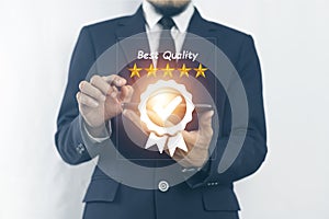 Customer survey quality review ,Businessman give rating to service experience on online application, Customer review satisfaction