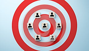 Customer target audience. Red dartboard with human icon for customer focus target group and customer relation management concept
