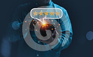 Customer use a smartphone evaluates online to five stars excellence. Ranking satisfaction of the customer. Evaluation to quality