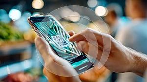 Customer using smartphone to scan QR code at store checkout, mobile payment concept