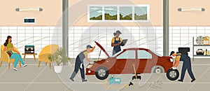 Customer waiting for her car in auto mechanic shop. Car repair service cartoon vector illustration. Mechanic engineer