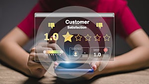 Customers chose a 1-star rating review in the survey on the virtual touch screen on smartphones. Bad review, bad service dislike