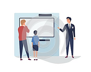 Customers near promotional stand flat vector illustration. Consultant, salesman giving presentation. Promoter