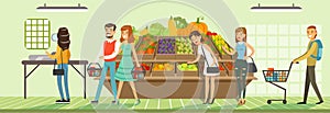 Customers people bying products in supermarket, store shelves with fresh vegetables, supermarket interior design photo