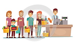 Customers people queue at cash desk with cashier in supermarket. Shopping vector concept photo