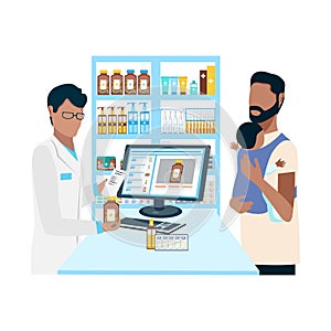 Customers in a pharmacy talk to a pharmacist and buy medicines