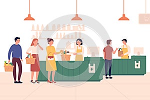 Customers standing in line or queue to cashier in supermarket. Shopping vector concept. People queue in retail store