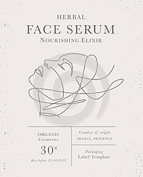 Customizable label of Face Cream, organic herbal woman cosmetics with face line art. Modern packaging design collection for