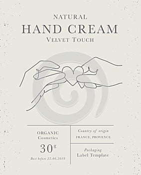 Customizable label of Hand Cream, Natural Velvet Touch woman cosmetics with hands line art. Modern packaging design collection for