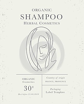 Customizable label of Shampoo, organic herbal woman cosmetics with face line art. Modern packaging design collection for Pharmacy