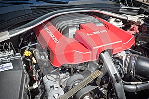 Customized muscle car engine displayed