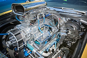 Customized muscle car engine displayed