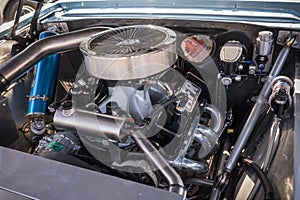 Customized muscle car engine displayed