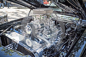 Customized muscle car engine displayed