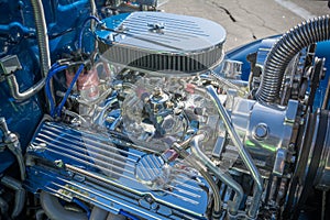 Customized muscle car engine displayed