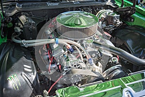Customized muscle car engine displayed