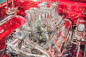 Customized muscle car engine displayed