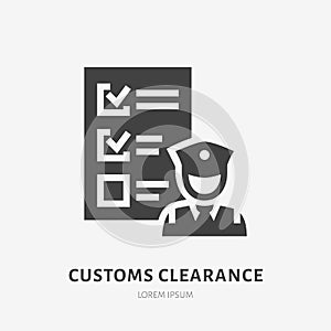 Customs clearance flat glyph icon. Policeman inspecting luggage sign. Solid silhouette logo for cargo trucking, freight