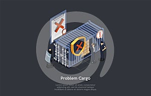 Customs Clearance Problems Concept. Big Blue Cargo Container With Crossed Out Symbol. Two Police Officers Guarding Cargo