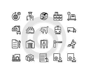 Customs flat line icons set. Contains such Icons as customs officer, declaration, passport control, approve stamp and