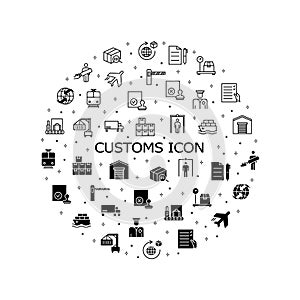 Customs flat line icons set. Contains such Icons as customs officer, declaration, passport control, approve stamp and