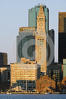 The Customs House Clock Tower and Boston skyline at sunrise, as seen from South Boston, Massachusetts, New England