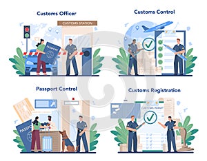 Customs officer concept set. Passport control at the airport.