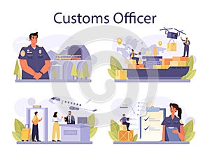 Customs officer concept set. Passport control at the airport. Metal detector